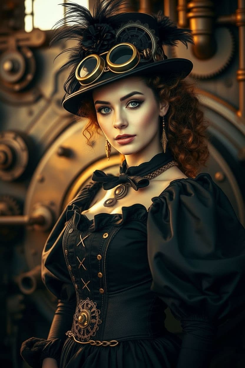 AI generated: "Original, Steampunk-inspired portrait photography, warm golden hour light, soft aesthetic. Cinemati...