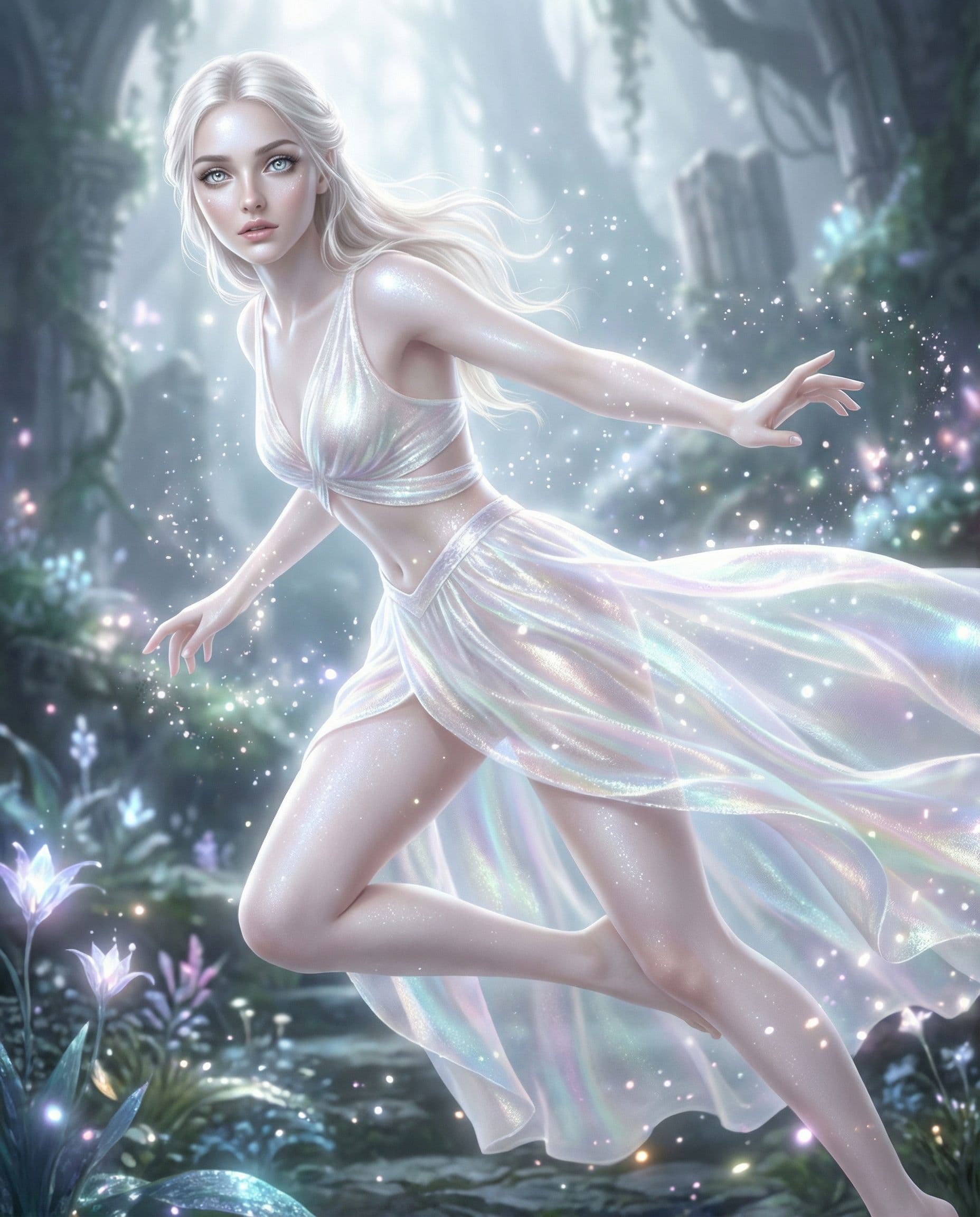 AI generated: a gorgeous girl with delicate features,full body,sliver big eyes,pale white skin,Gauze skirt, slende...