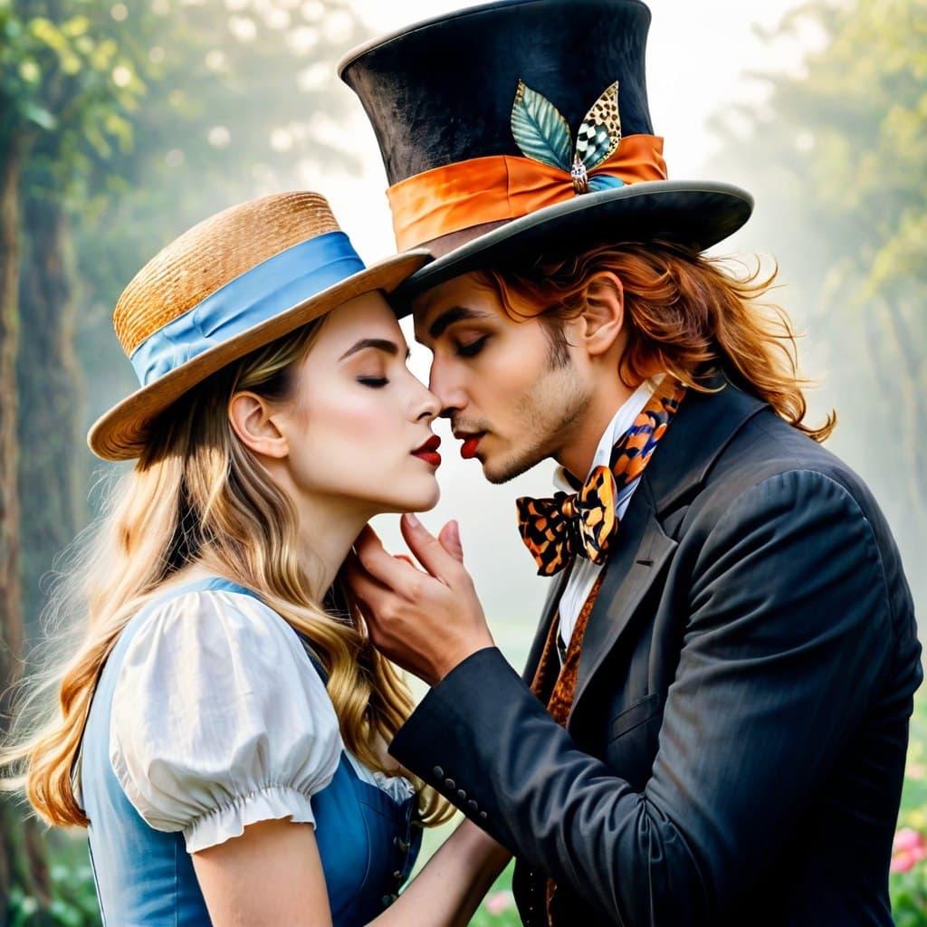 AI generated: (The hatter kisses Alice:1.4), Watercolor drawing, drawing, digital-art, pixel art, high detail, int...