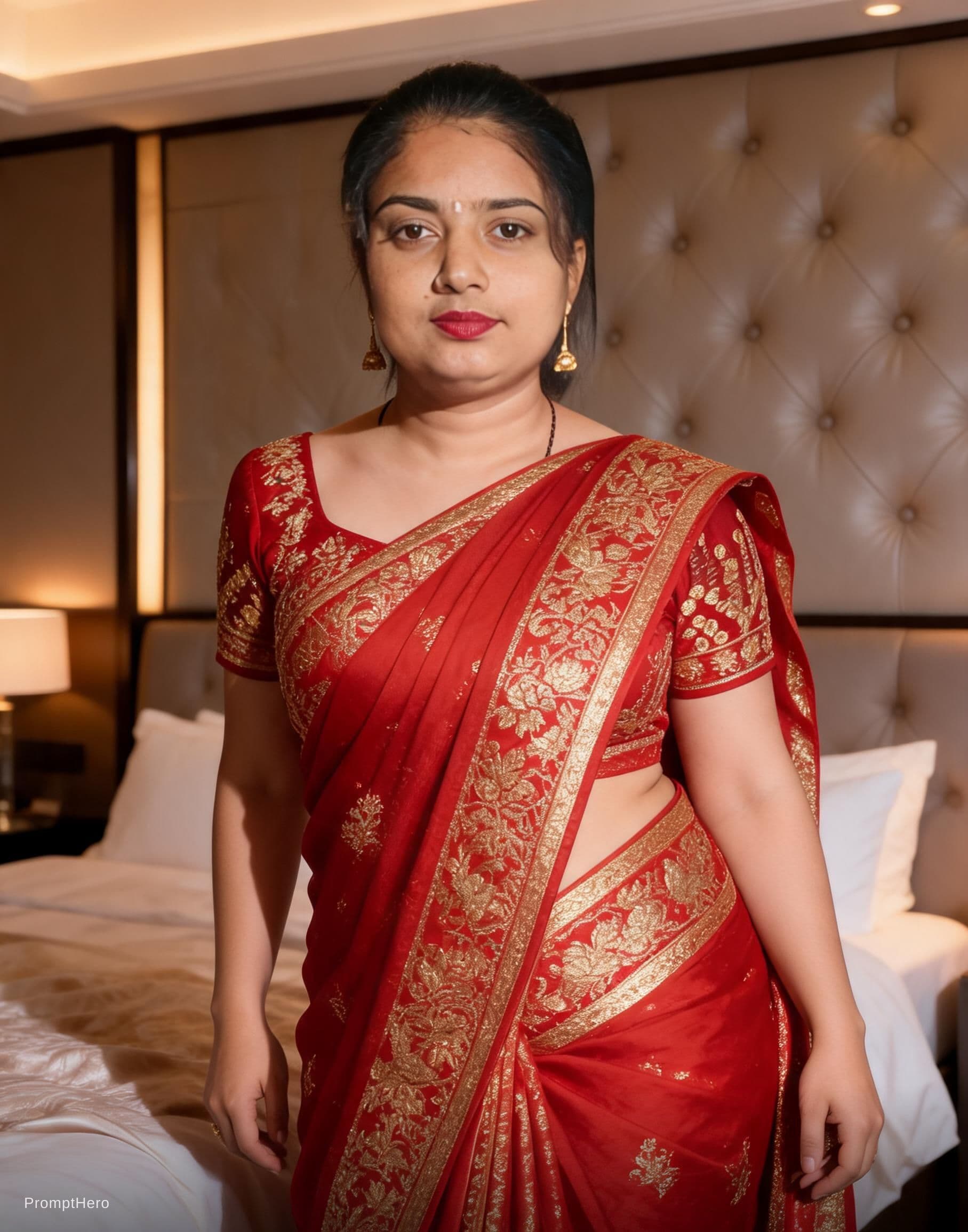 AI generated: Transparent Red wet saree Indian woman, Kajol devgn,without blouse, tight, sleeping on edge on bed, ...