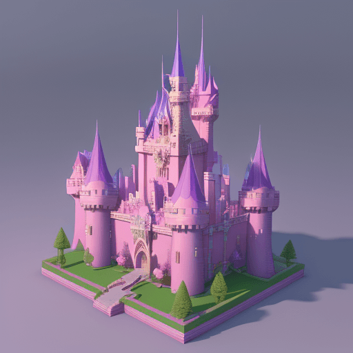 AI generated: Magical castle, elegant unicorn and noble princess, enchanting, voxel, pink and lavender color schem...