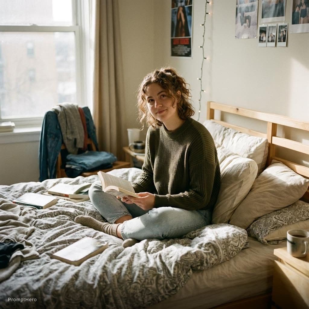 AI generated: Age 22 girl with big boobs sitting on bed