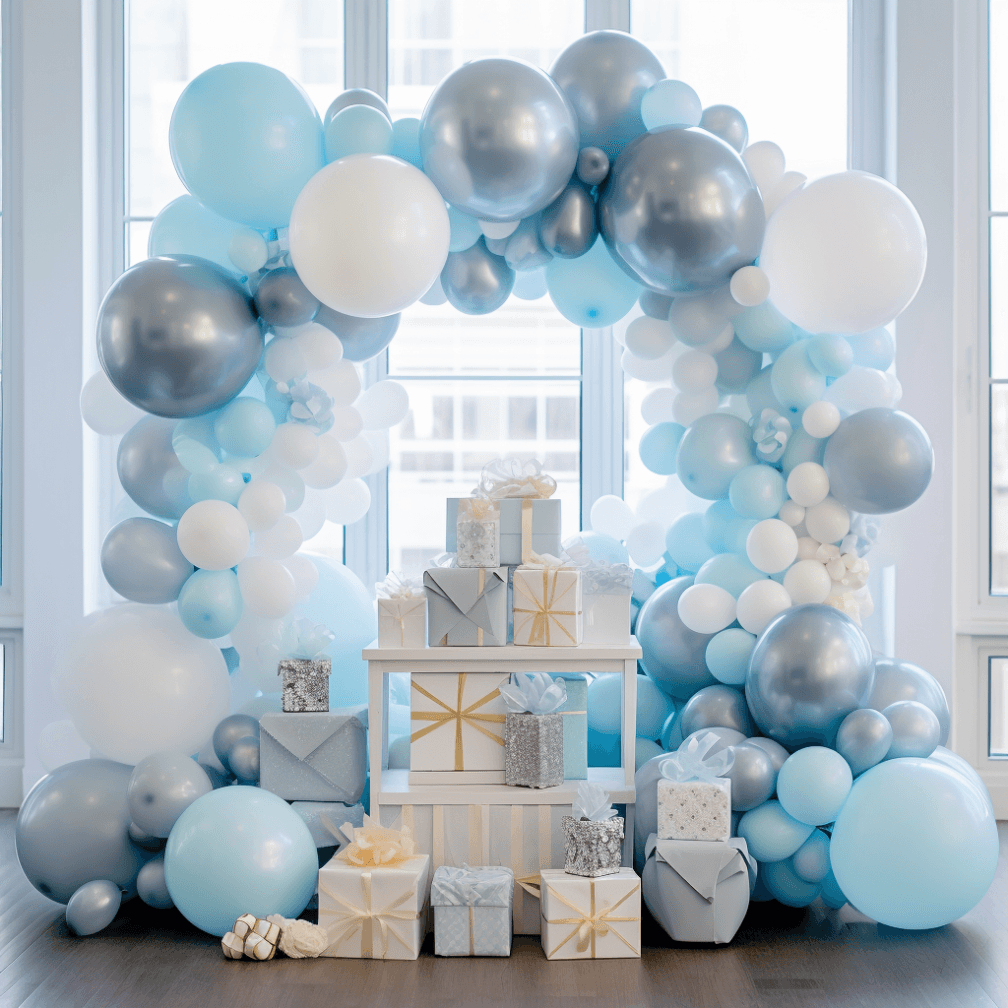 AI generated: birthday party scene，light blue balloon and white balloon arch，at room,gifts on table,soft light,hyp...