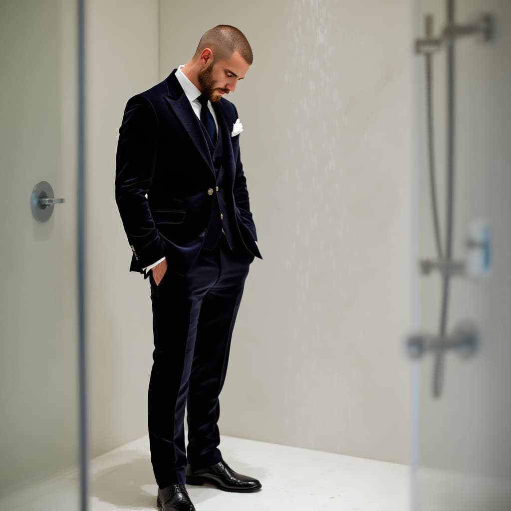 AI generated: A photograph of a suited man standing in the shower. The man is wearing a completely water-soaked na...