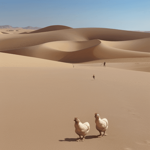 AI generated: amusing image of chickens looking for a server room in an expanse of desert