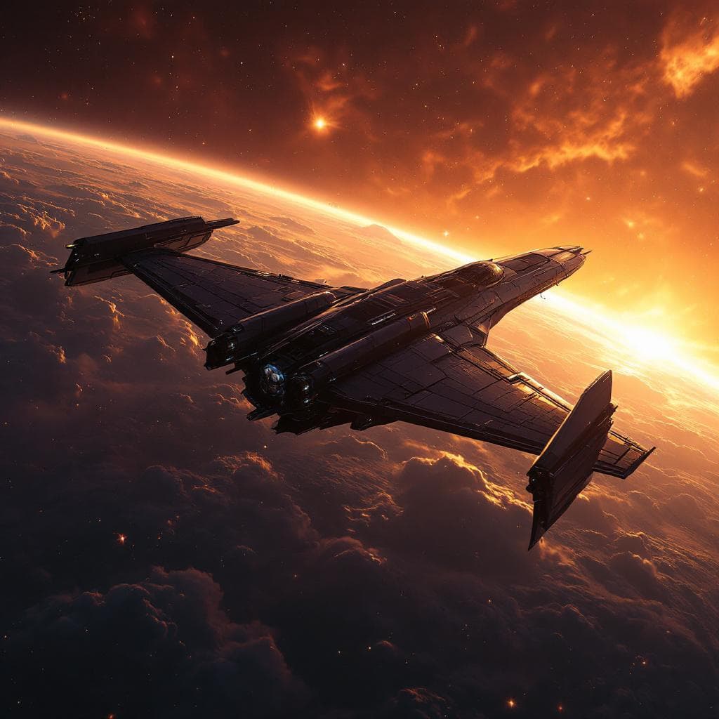 AI generated:  Condor inspired space fighter, complex texture, deep space, sci-fi, high-tech, homeworld game style...