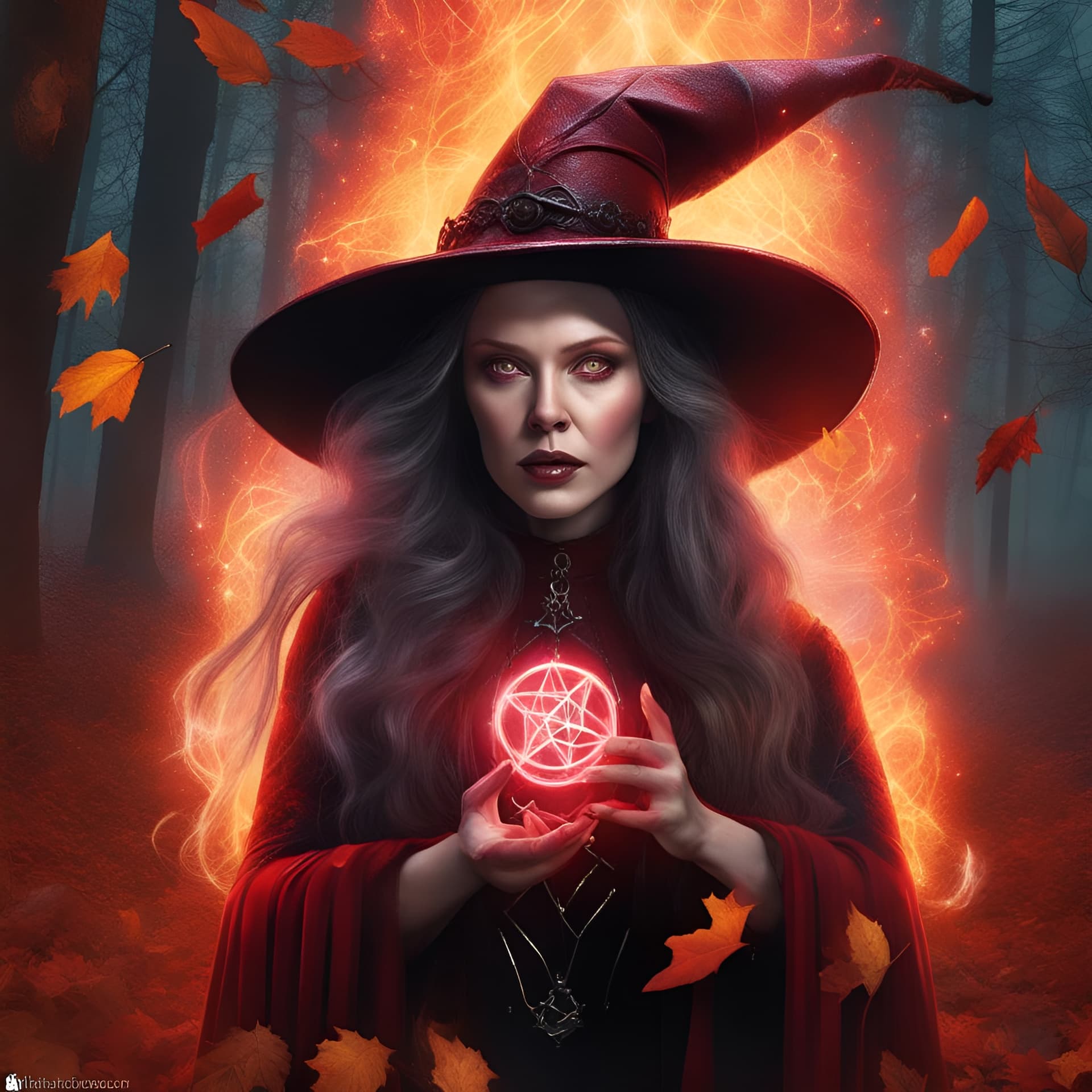 AI generated: dark ominous magic casting witch, bright autumn colors with fire in a dark witch theme, hocus pocus,...