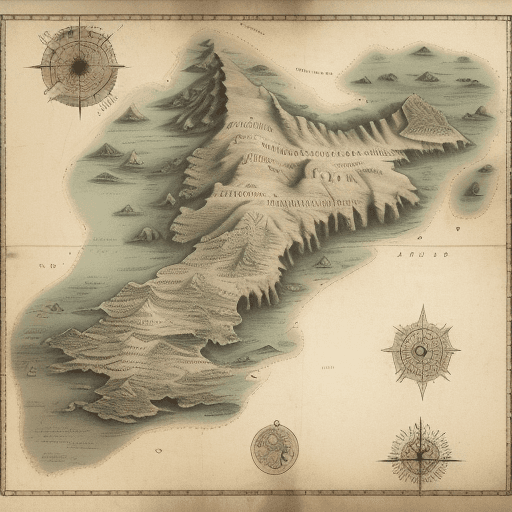 AI generated: An old map showing a large main land on the west, three islands on the east of different sizes, in t...