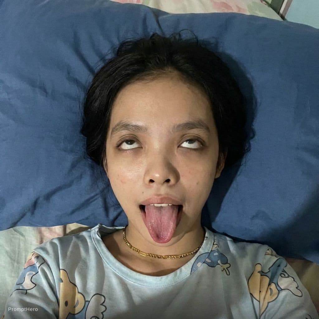 AI generated: "A realistik, top-down selfie of a young Southeast Asian woman with medium-length dark hair, lying d...