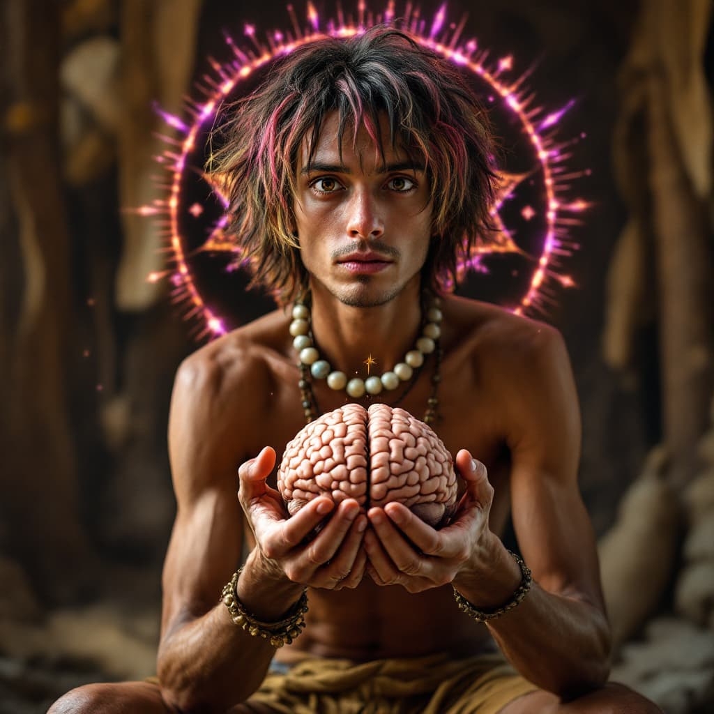 AI generated: very skinny guy easily removes his brain and presents it proudly to the camera
, in a monastery, wea...