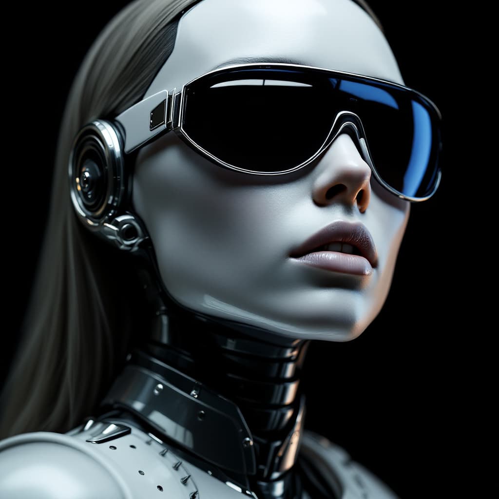 AI generated: A portrait of an android woman in white skin wearing reflective sunglasses and metallic armor agains...