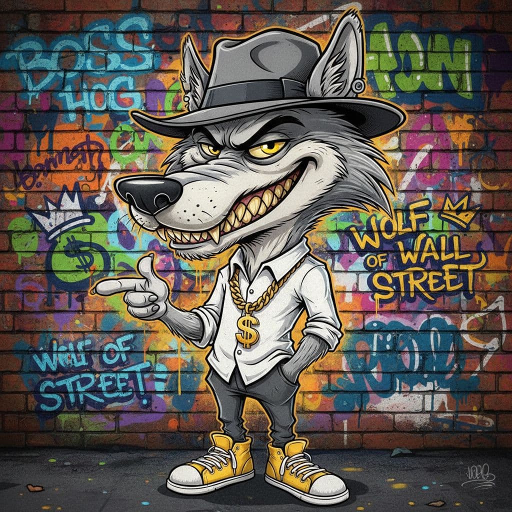 AI generated: funny caricature, gangster wolf character caricature, elderly european male, 67 years old, slick fur...