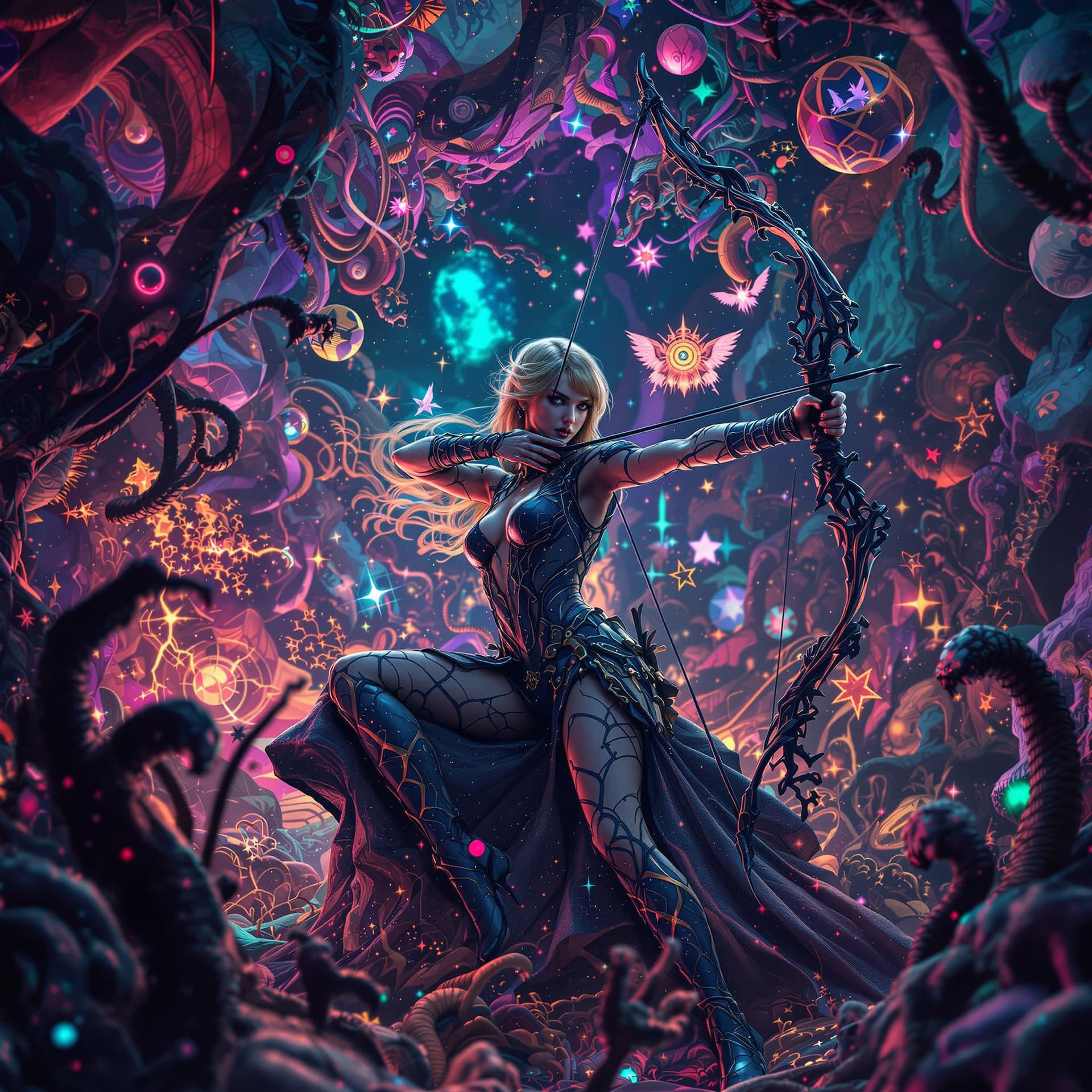 AI generated: The Archer, Taylor Swift, intricate artwork, octane render,  psychedelic, surreal, trippy artwork, c...