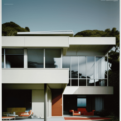 AI generated: Hyper realistic eye level exterior photo of a mid century modern style house overlooking the ocean, ...