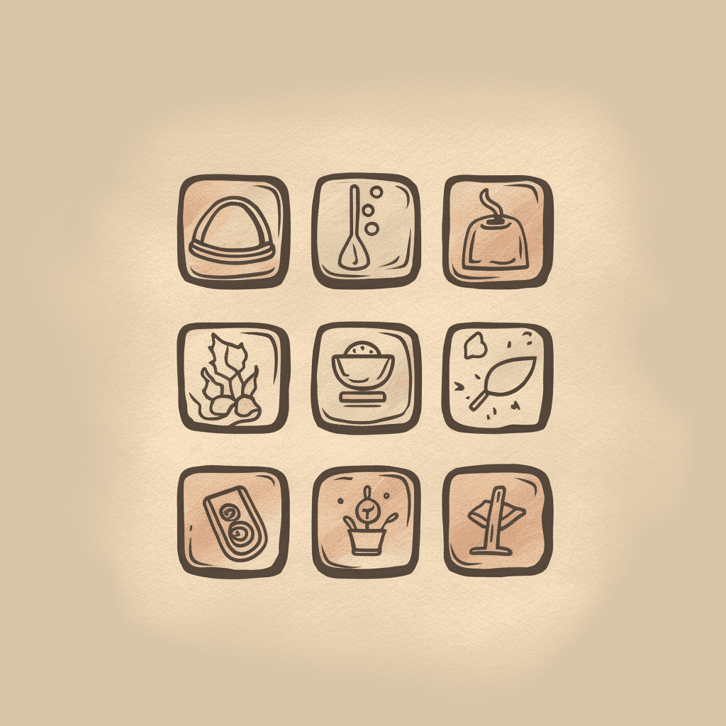 AI generated: A UI/UX icon of menu button, hand-drawn icon style, earthy palette, art by Marc Chagall, Natural Ele...