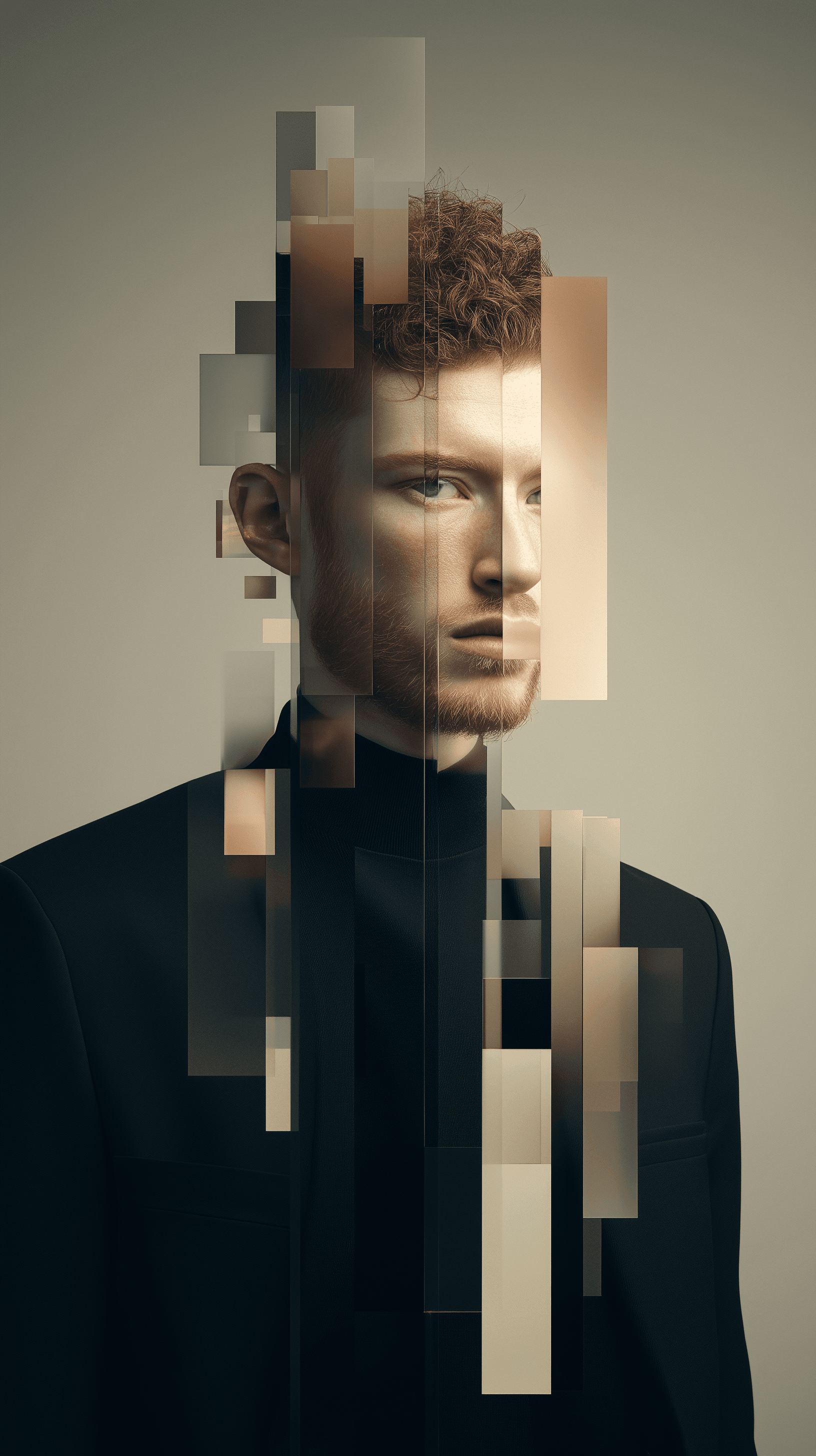 AI generated: realistic portrait, man, contemporary styled, staring to camera, wearing a minimalist black suit, fe...