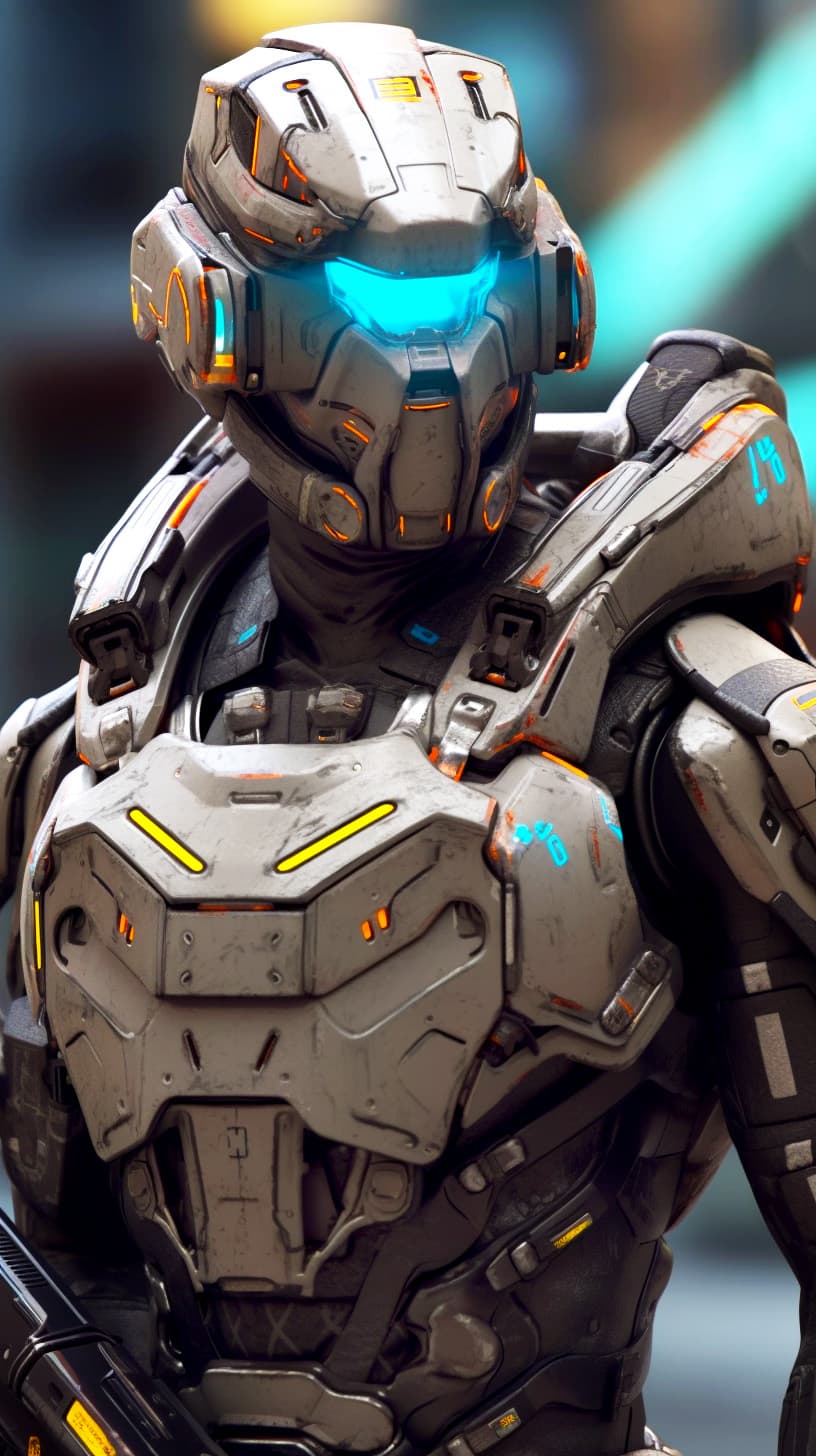 AI generated: Futuristic soldier with hi-tech beige armor and weaponry, holograms navigations, street, overcast, r...