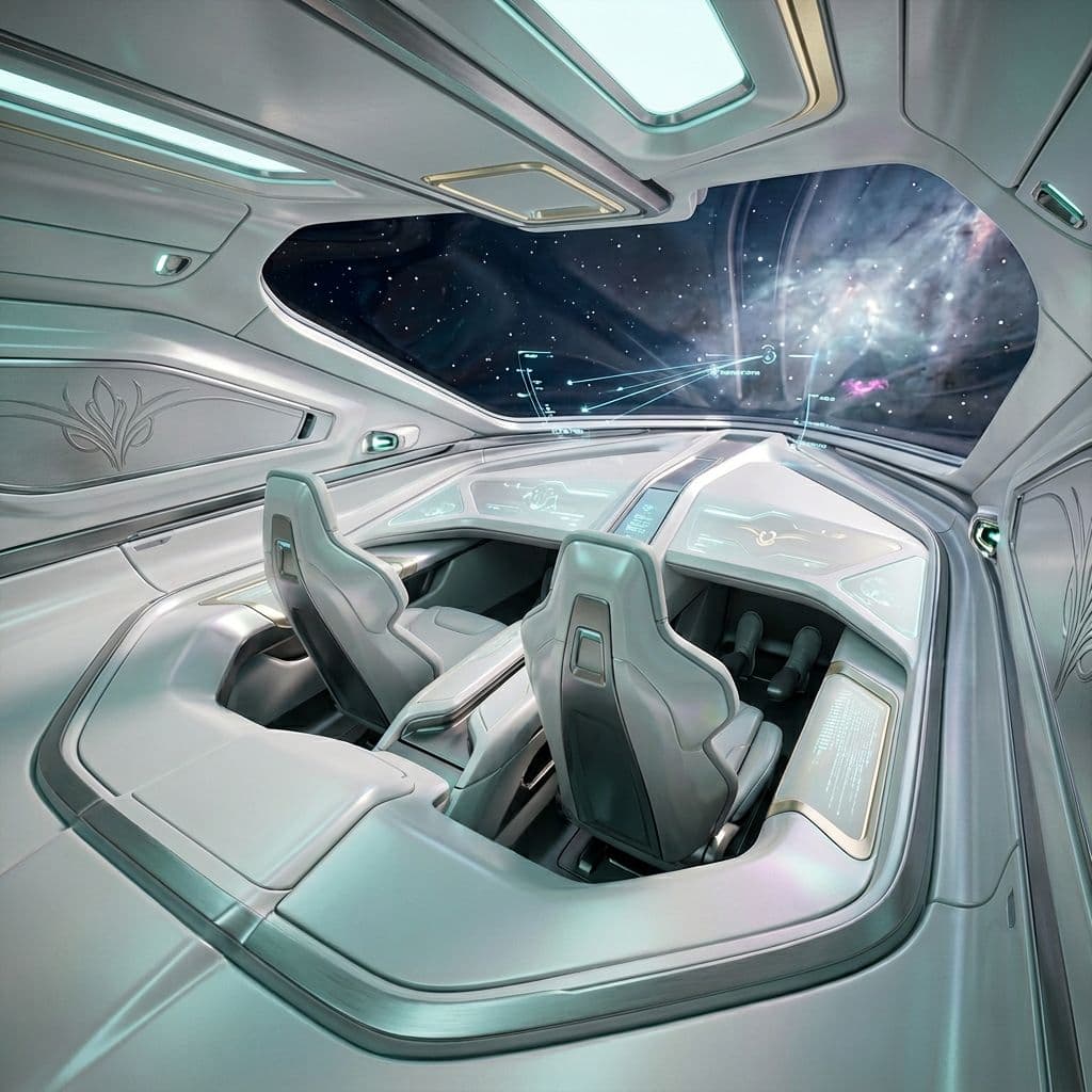 AI generated: Use the Reference Images to imagine, in detail, a Spacecraft 'C-shaped' Bridge design. Show Change i...