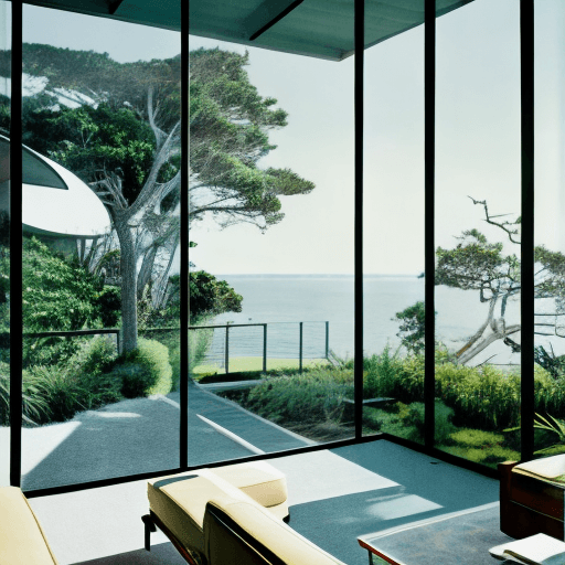 AI generated: Hyper realistic eye level exterior photo of a mid century modern style house overlooking the ocean, ...