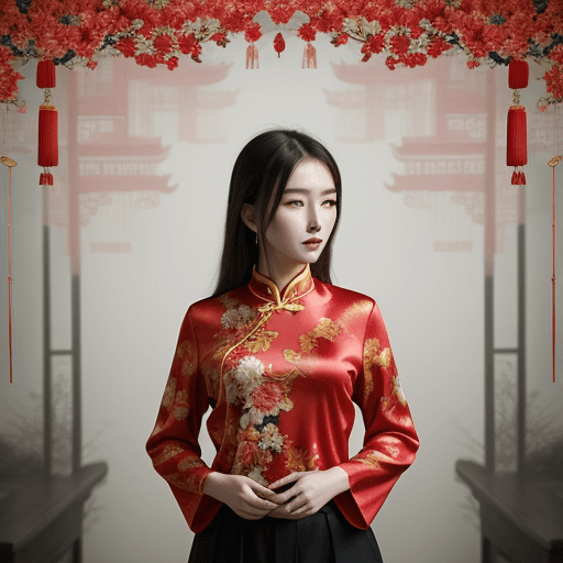 AI generated: chinese red blouse, in the style of dreamy and romantic compositions, floral explosions --ar 24:37 -...