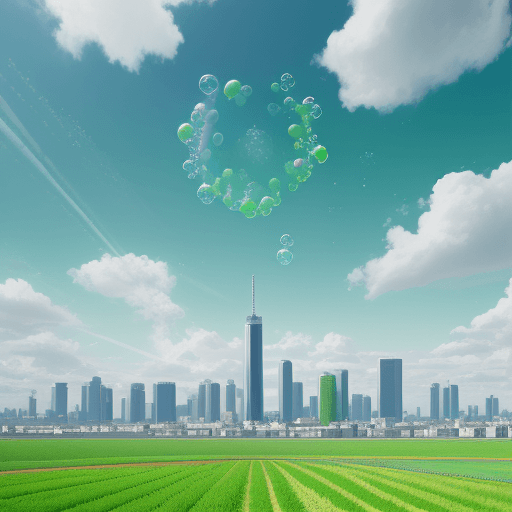 AI generated: Frutiger Aero picture, bright green fields, blue sky, cumulus clouds, soap bubbles flying in the air...