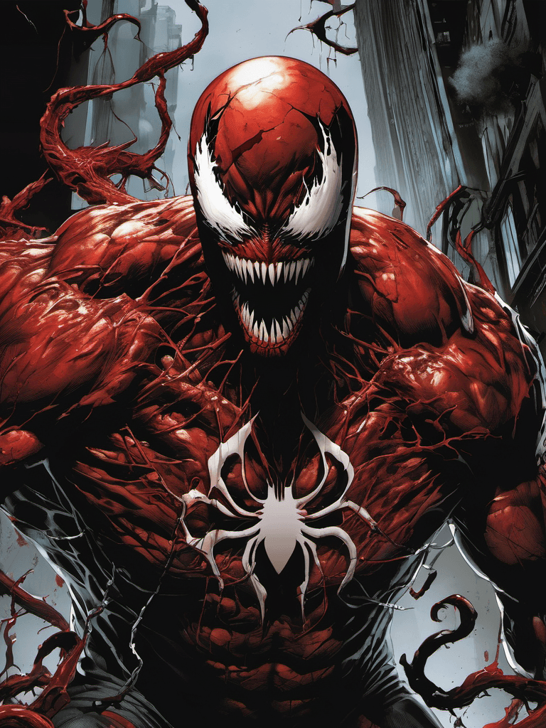 AI generated: carnage, a formidable supervillain, symbiote, bloody, psychopathic, unstoppable, mad, sharp teeth, e...