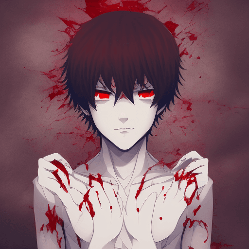 AI generated: Scary, 1boy, blood, hand prints, silver, red, piecing, mature, leaves, anime, 