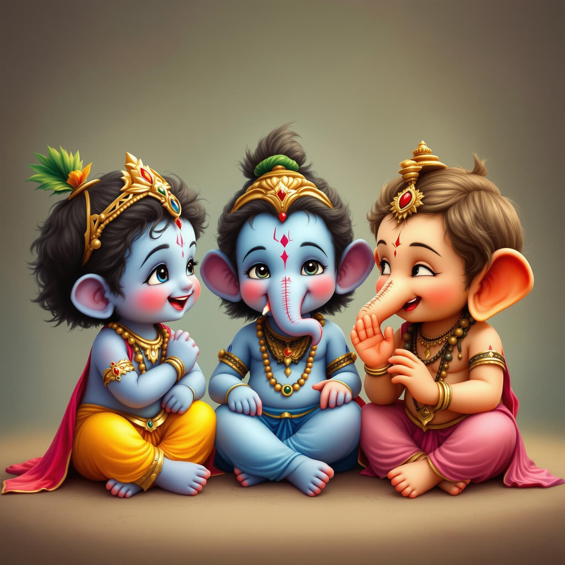 AI generated: Arafed image of a cute little Krishna, Ganesha and Shiva sitting together talking and laughing