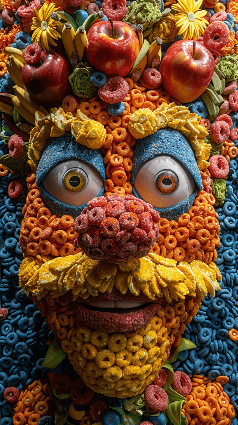 AI generated: face of a cartoon character made of fruit loops, irreverent, silly --ar 9:16 --stylize 750