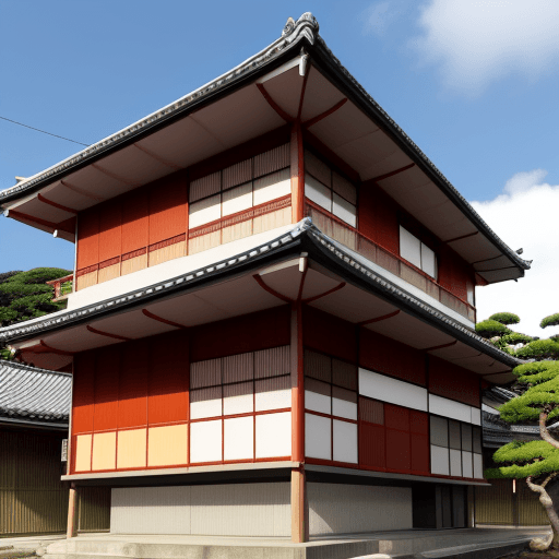AI generated: fachada, casa, dois pisos, inspiração japonesa, com bonsai