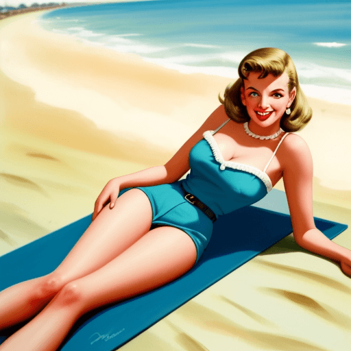 AI generated: 1950s style woman, smiling, sunbathing at the beach, laying on side, full body length, in colour, ve...