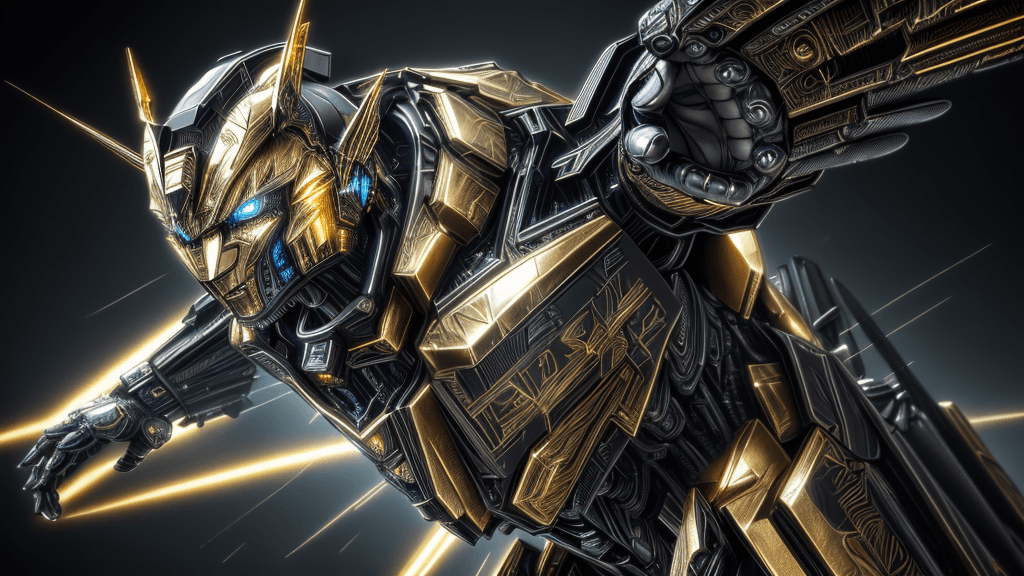 AI generated: Transformers, Intricate Detail, Metal texture, Black and gold Mecha, Dynamic Pose, Blue eyeballs, Bl...