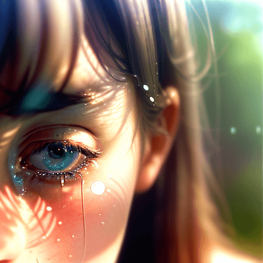 AI generated: Close-up photo of a girl with a pretty face, tears rolling down her cheeks, morning fresh, film grai...