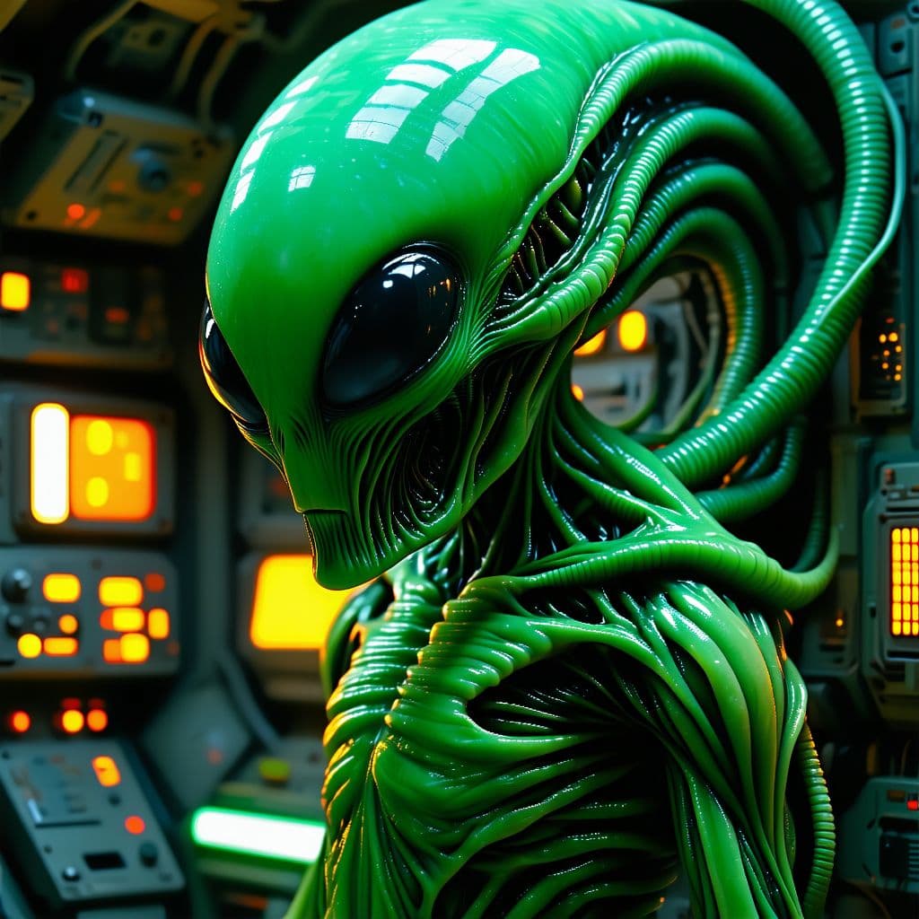 AI generated: A weird alien monster, H.R. Giger style. Green brown skin. Green, gold, silver. Neon lights. Radiati...