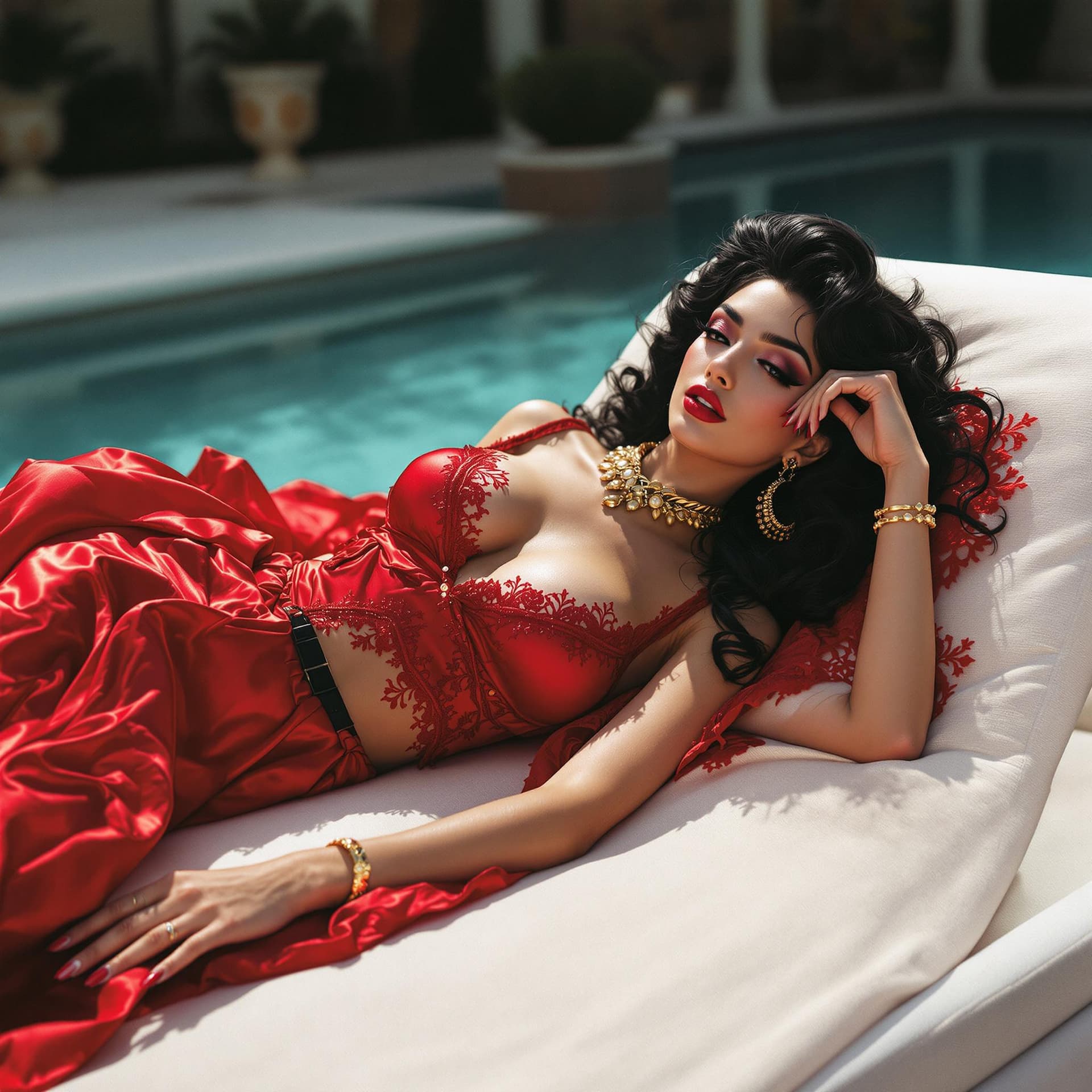 AI generated: full body shot,1990s, glamorous Asian superstar reclining on a a sun lounger painting her nails. She...