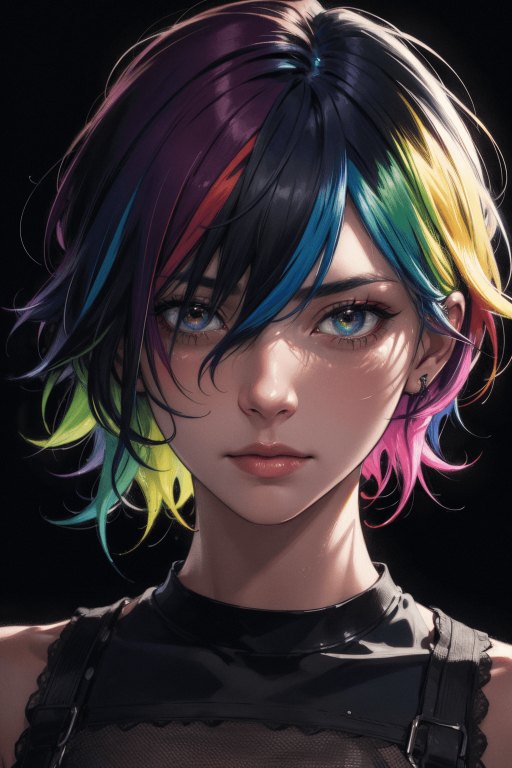 AI generated: (The Shining) , (rainbow colored hair), short disheveled hair, dark intense background, static portr...
