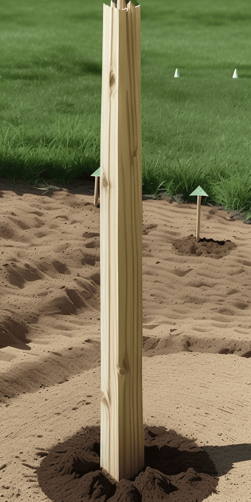 AI generated:  1 wooden stakes planted in the ground, tip upwards, aligned and spaced 1.5m apart, they measure 1.5...