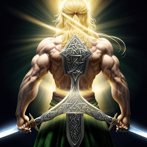 AI generated: a god that have a sword in his hands, blond hairs, muscular, light coming from behind, mystical, cel...