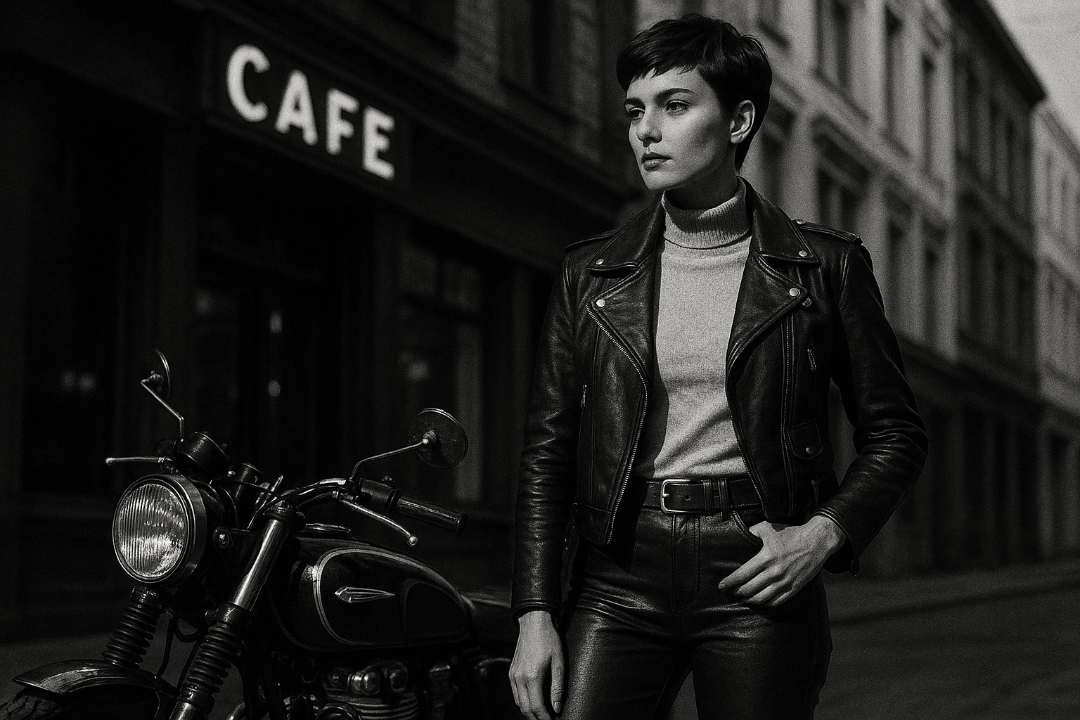 AI generated: A stylish woman with short, dark hair, wearing a black leather biker jacket, a cream-colored turtlen...