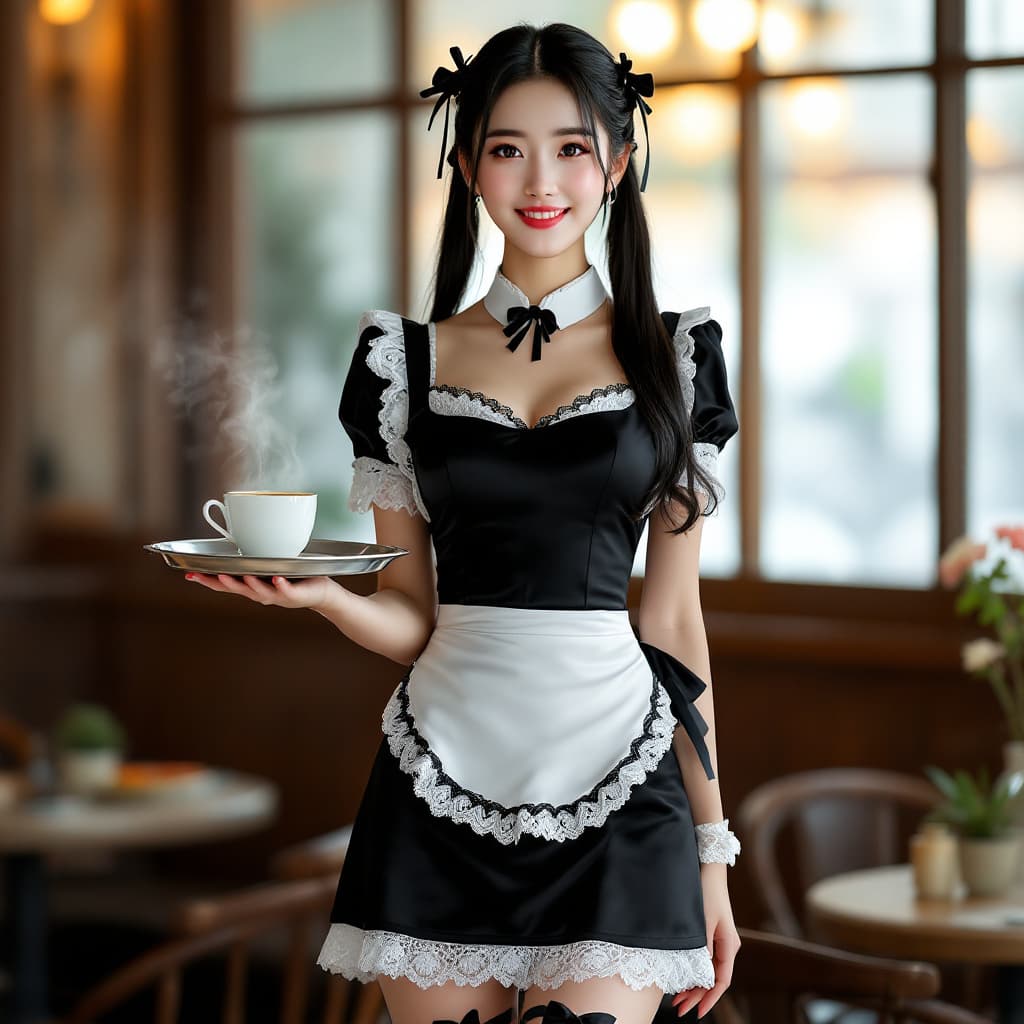 AI generated: "A beautiful Asian woman stands confidently in a sleek Japanese maid outfit, her radiant smile and a...