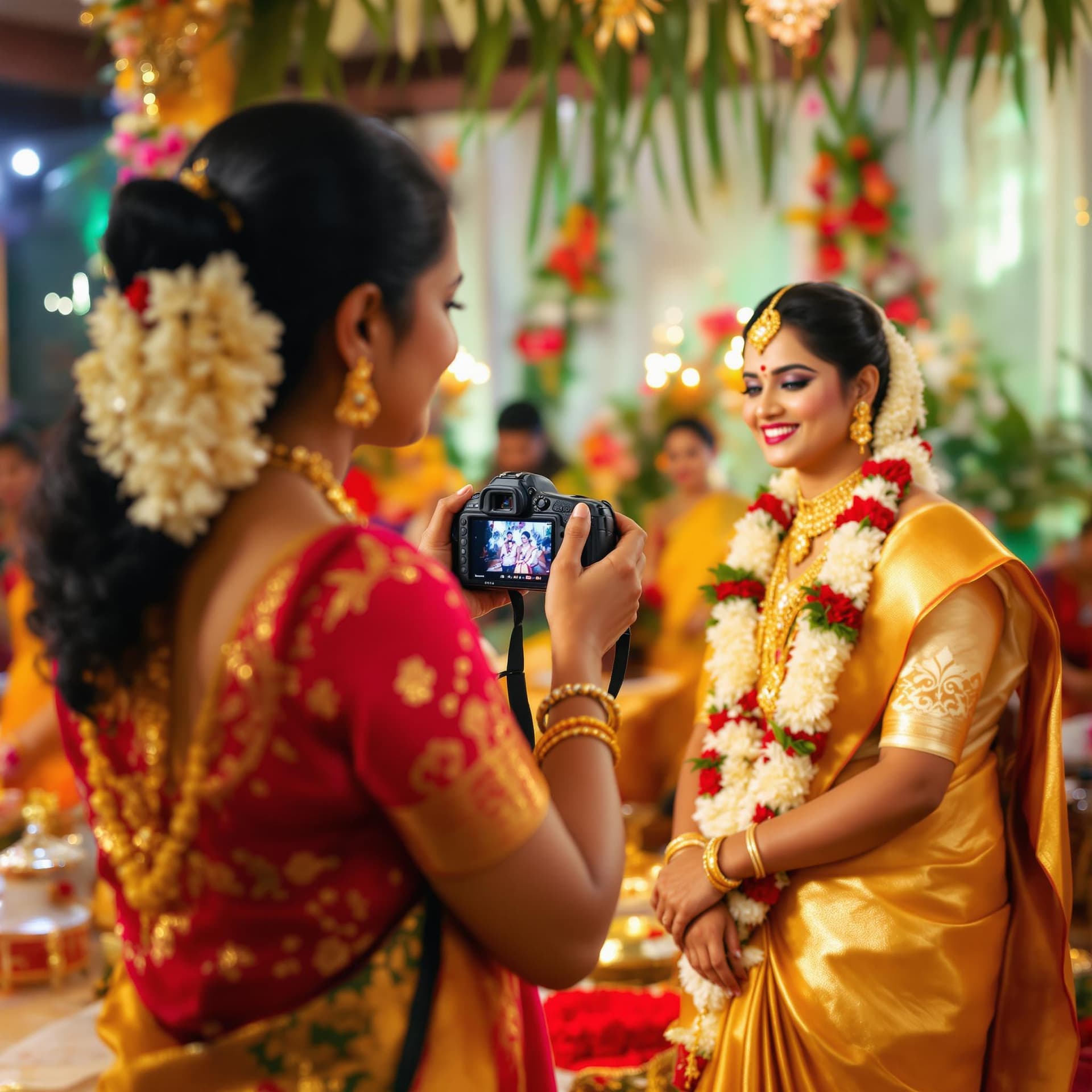 AI generated: Create an image featuring a Malayali lady photographer taking photos of a bride and groom at a tradi...