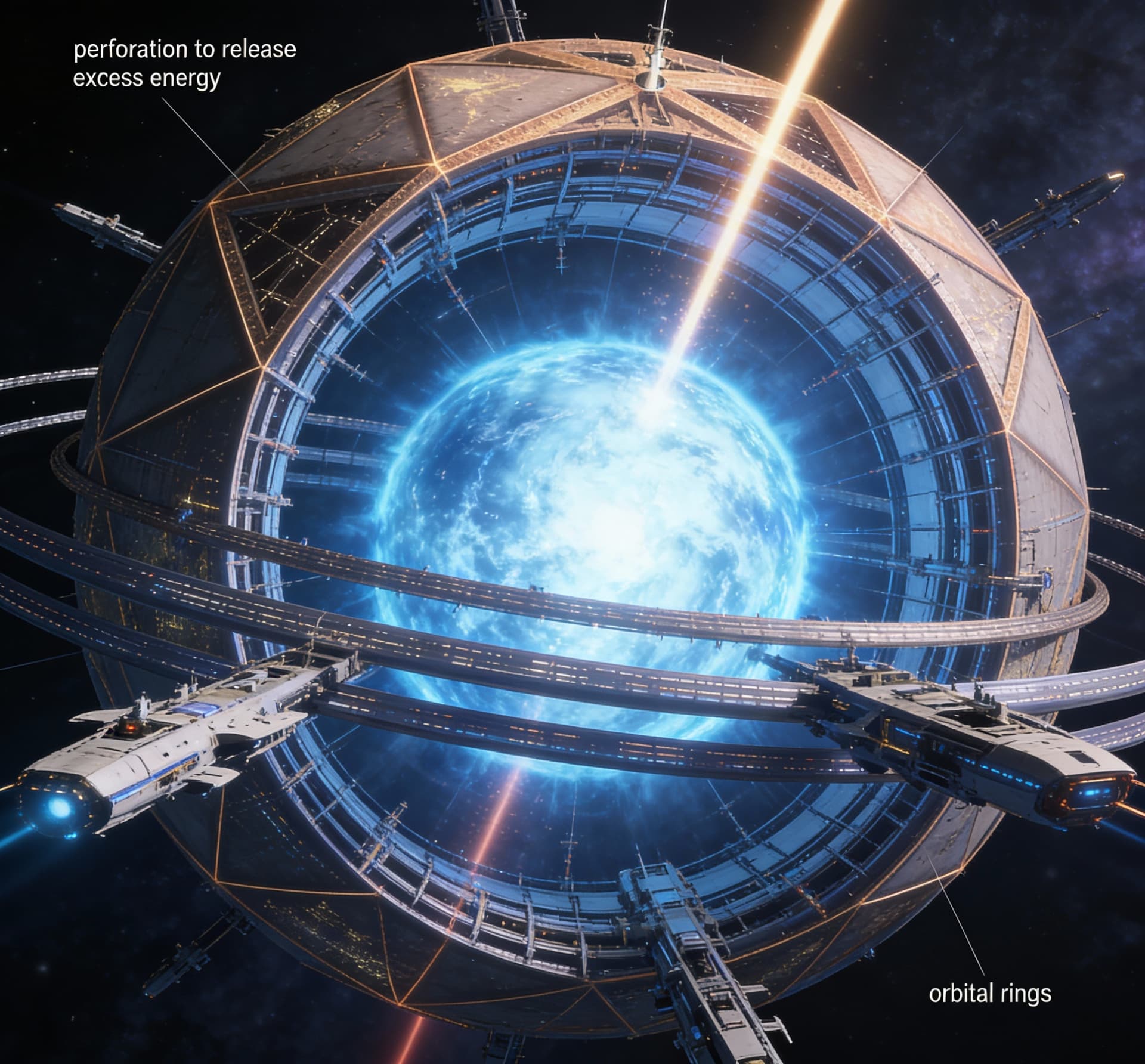 AI generated: Use the Reference Image to imagine, in detail, an alien Starship manufacturing Dyson’s Sphere.  Alte...
