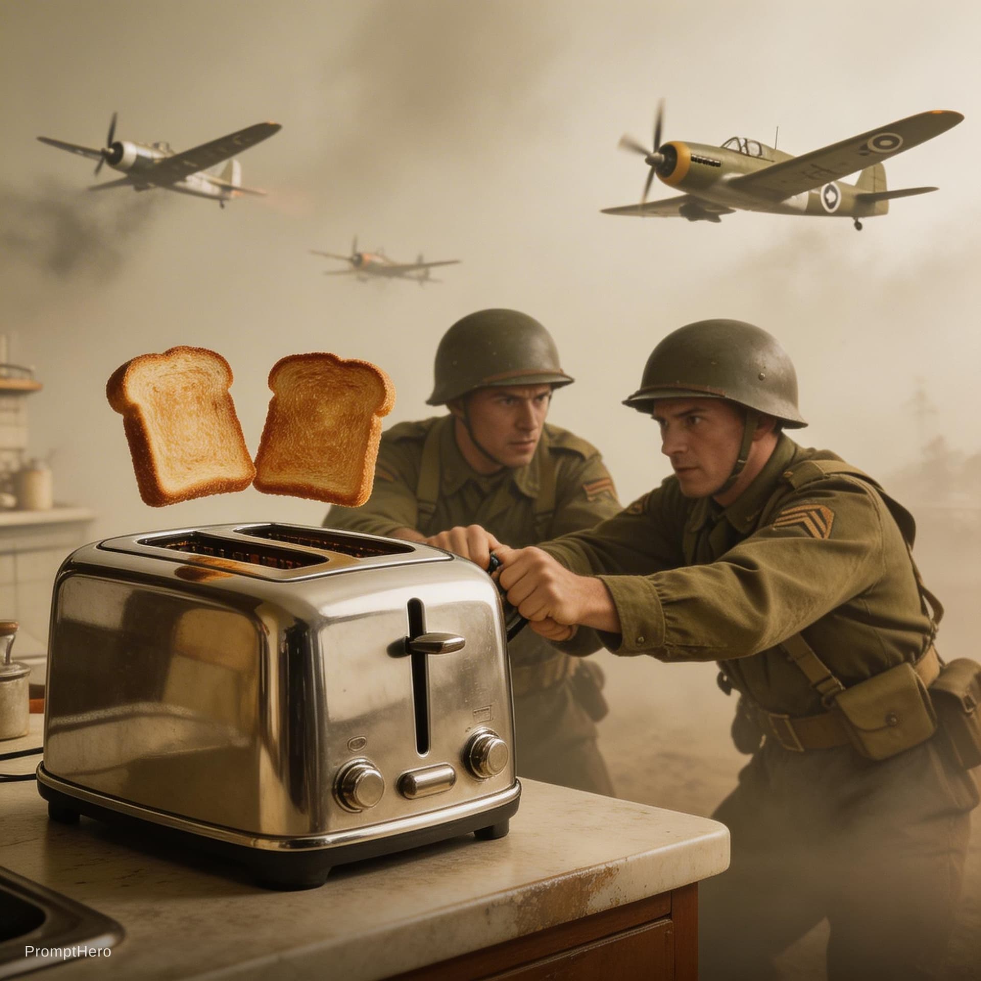 AI generated: Create a vintage style image from the late 40´s, showing a postwar toaster popping out 2 perfect gol...