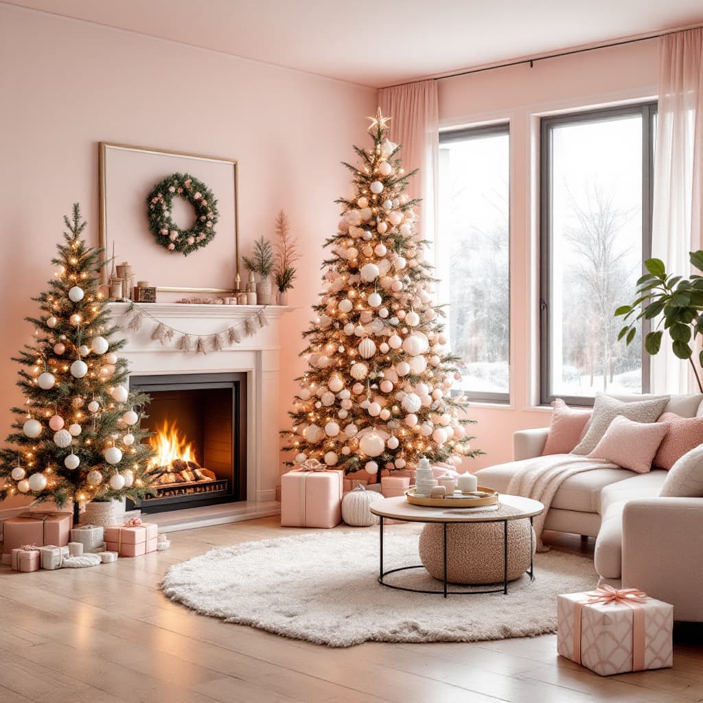 AI generated: light pink Modern Mid Century Living Room With light pink Christmas Tree And Decorations with fire p...