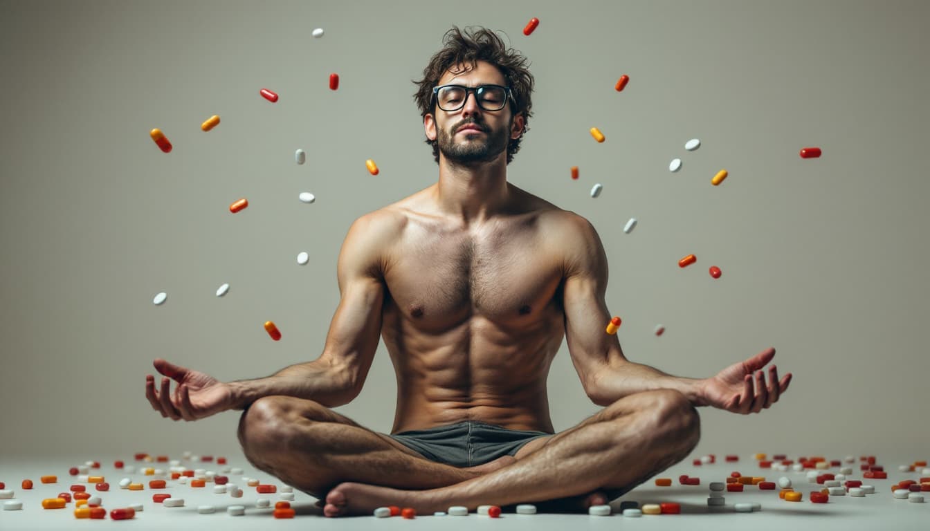 AI generated: A skinny guy sits in a meditative pose, wearing black glasses. A lot of pills are flying around him.