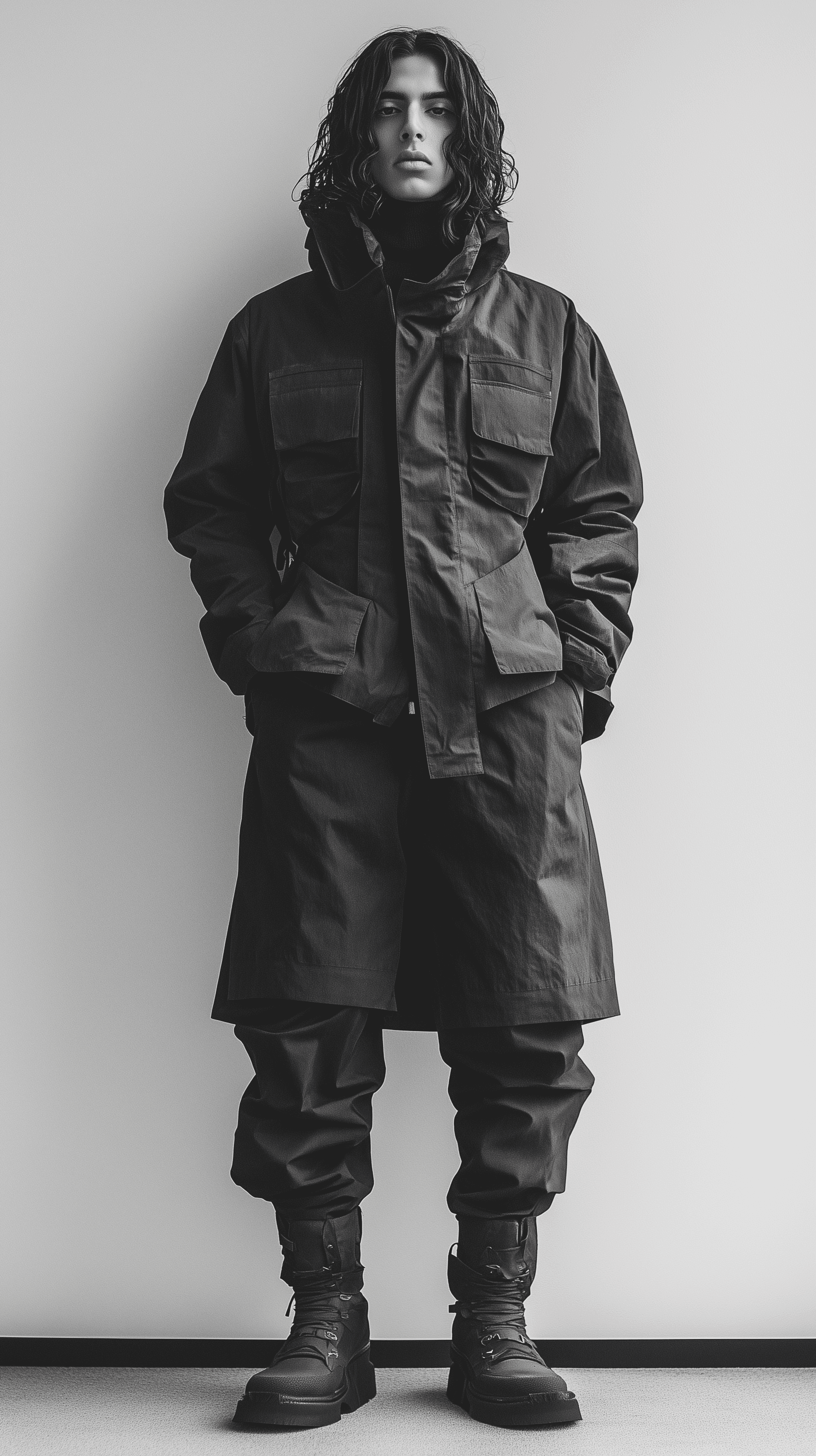 AI generated: high resolution photography, fashion, full body, front standing, gaze, minimalist street ware, white...
