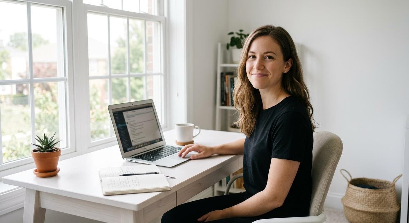 AI generated: A young woman with shoulder-length brown hair sits at a white desk, focused on her laptop in a brigh...