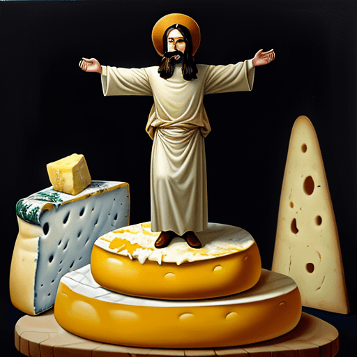 AI generated: oil painting style of Cheese Jesus that is standing on a pile of cheese and has h hat made of cheese