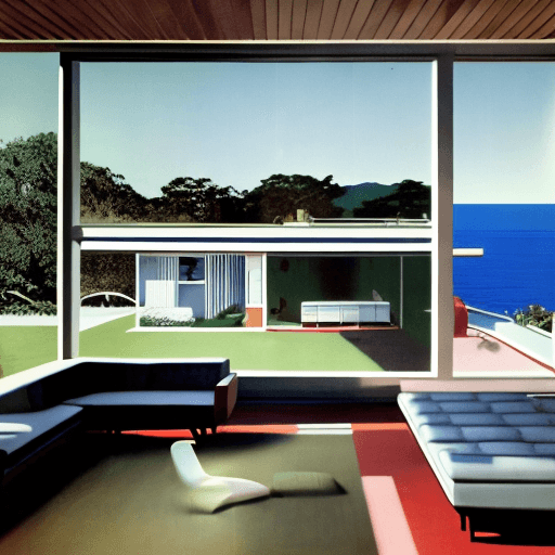 AI generated: Hyper realistic eye level exterior photo of a mid century modern style house overlooking the ocean, ...
