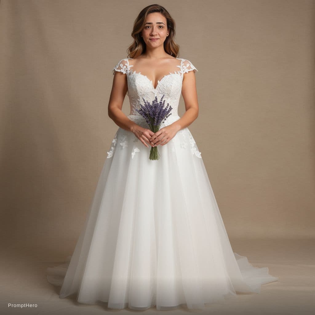 AI generated: A full-length studio portrait of a young woman wearing an elegant white bridal gown. The dress featu...